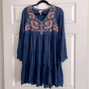 Knox Rose Balloon Long Sleeve Embroidered Dress - Small - Navy Blue